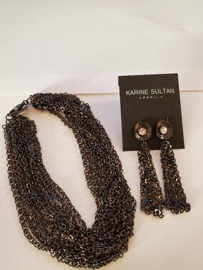 Karine Sultan Gun Metal Cable Chain Multi Strand Choker Necklace & Earrings NWT